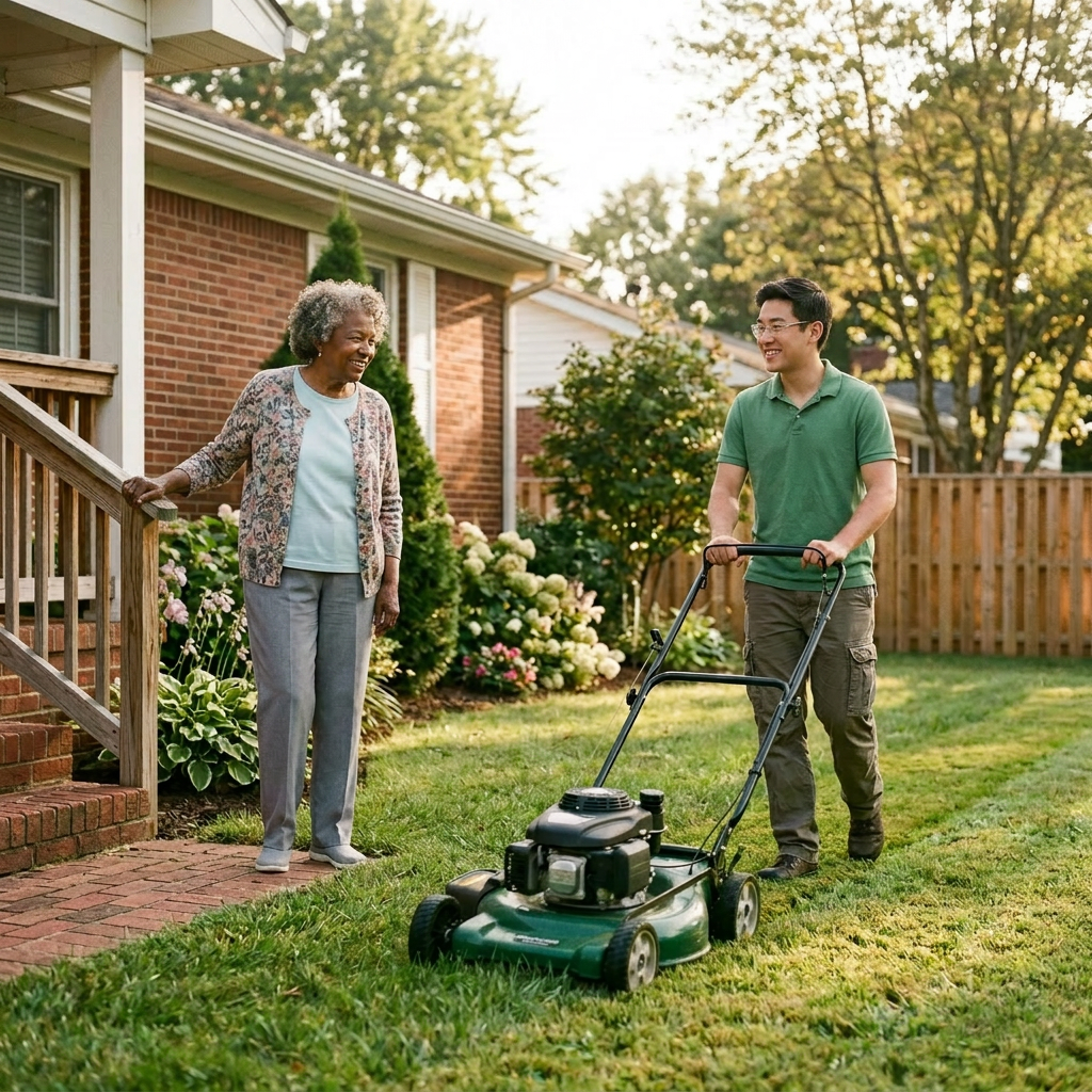 Man mowing lawn talking to elderly woman on porch